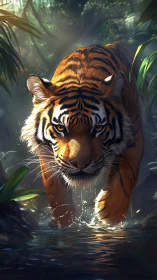 Predatory tiger advancing through shallow jungle stream with dynamic light