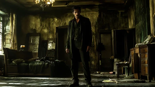 Solitary figure dominates decayed apartment interior in noir light