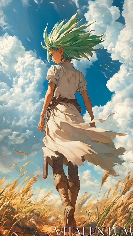 Wind-swept anime wanderer strides through sunlit wheat field