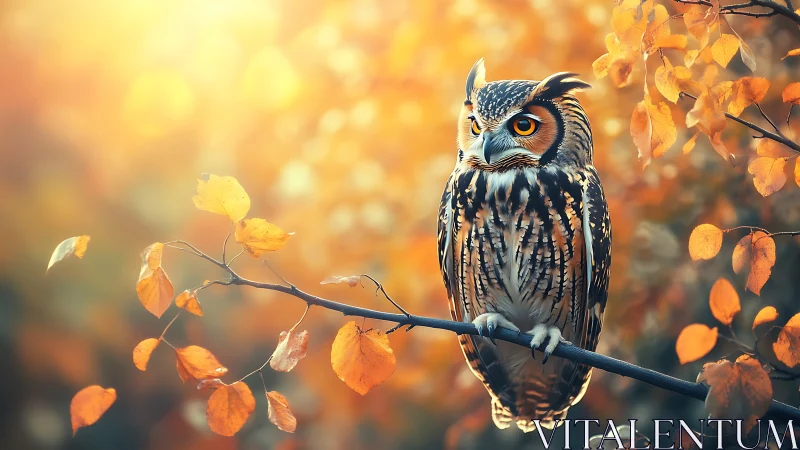 Majestic owl perched on autumn branch in soft golden sunlight.