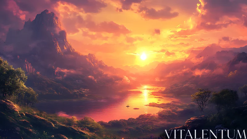 Sunset illuminates mountain lake with vivid atmospheric haze