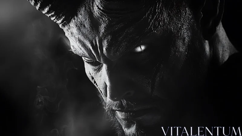 Demonic horned face rendered in high contrast monochrome