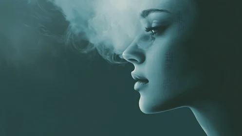 Pensive female profile dissolves into swirling teal mist