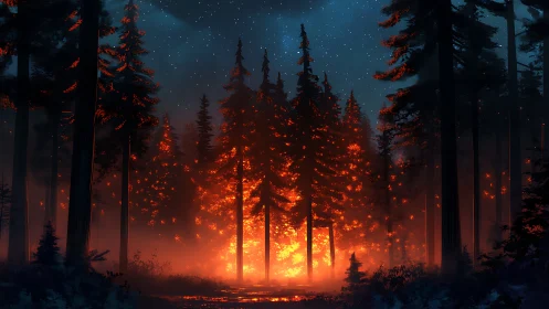 Forest fire at night with stars visible in dark sky above