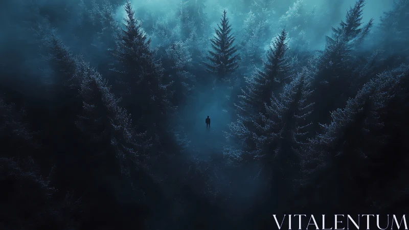 Solitary figure stands in misty blue conifer forest clearing