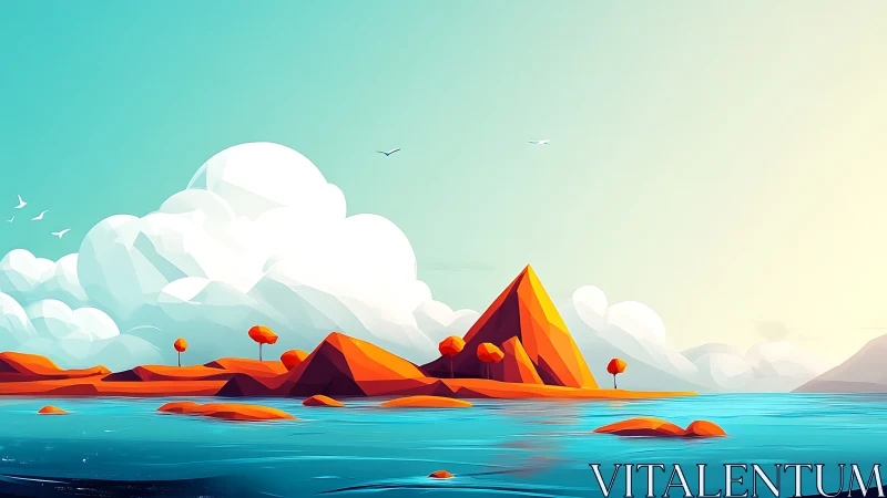 Stylized Island Landscape with Geometric Mountains and Turquoise Waters