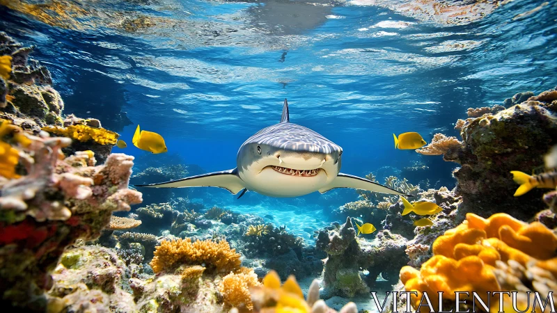 Predatory reef shark advancing through high-saturation coral habitat.