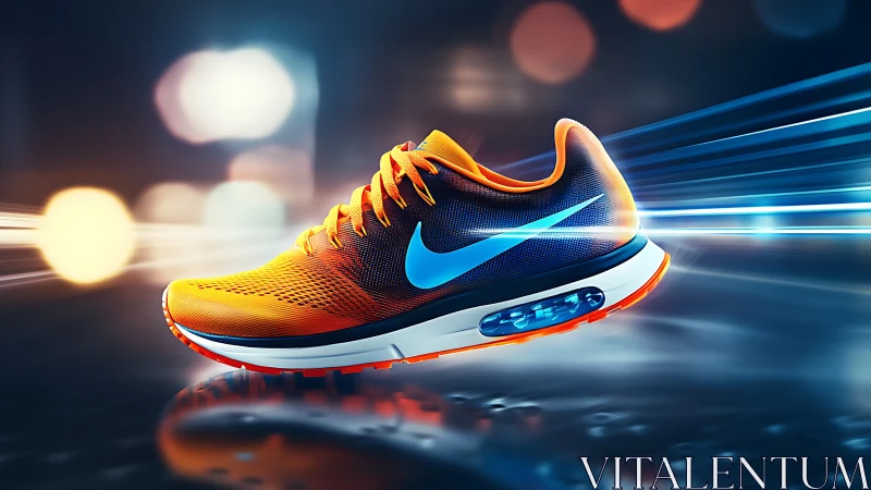 Dynamic orange and blue running shoe in motion scene.