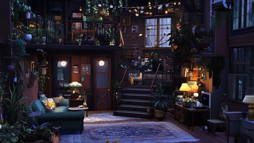 Cozy loft studio glows with layered warm ambient light.