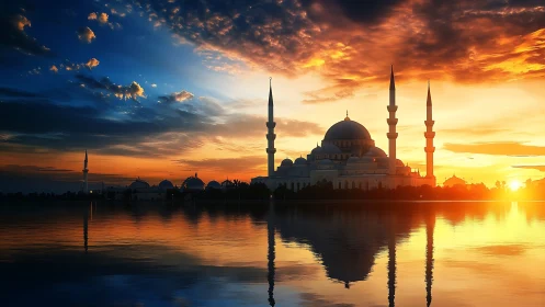 Photorealistic mosque silhouette under dramatic sunset sky.