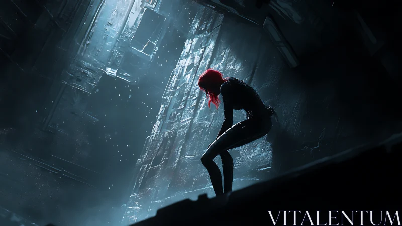Red-haired operative in volumetric-lit industrial fissure.