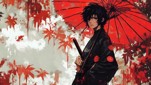 Quiet samurai under crimson umbrella in swirling leaves.