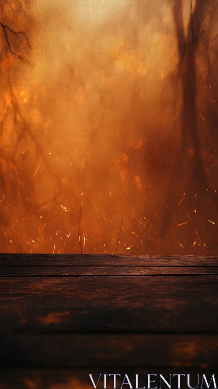 Wildfire Inferno with Ember Particles Above Wooden Foreground