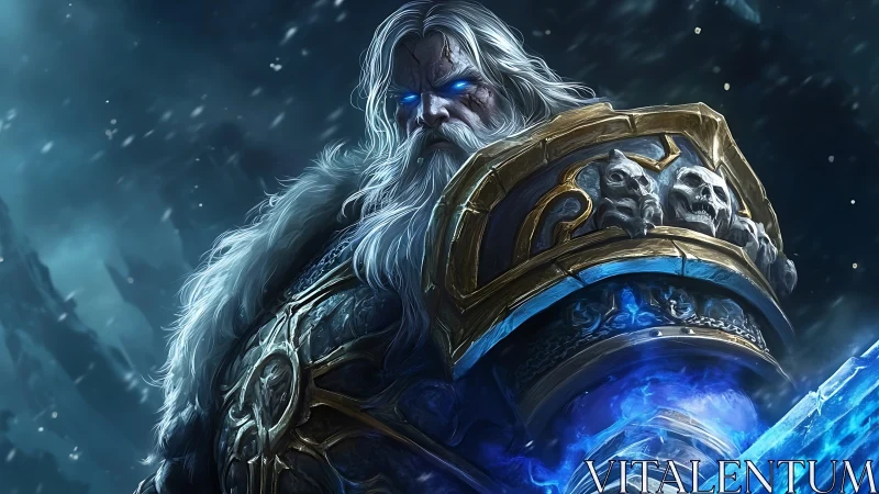Armored white-haired warrior with glowing blue eyes in snow.