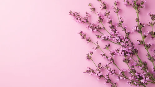 Pink flowering branches arranged on soft pastel backdrop.