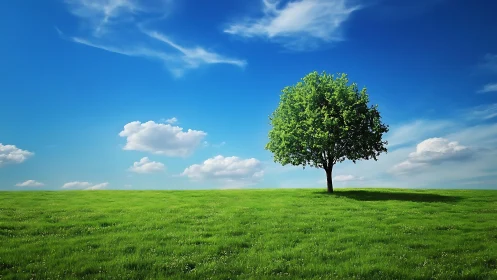 Lone Green Tree on Sunny Meadow Under Blue Sky, Photorealistic Style.