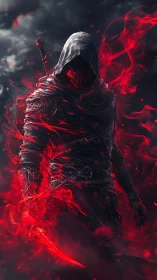 Mysterious firebound rogue wrapped in swirling crimson flames.