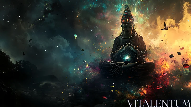 Cosmic meditation with a serene, glowing spiritual guide.