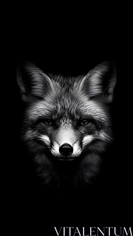 Silver fox portrait emerging from deep black void.