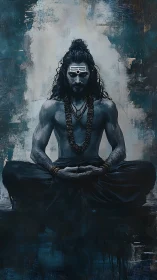 Meditating ascetic figure in blue toned spiritual portrait.