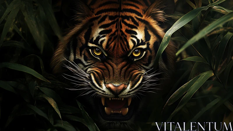 Predatory tiger emerges from shadowed jungle foliage at dusk.