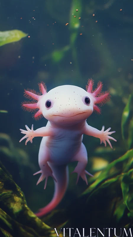 Pale axolotl underwater with pink gills and plants.