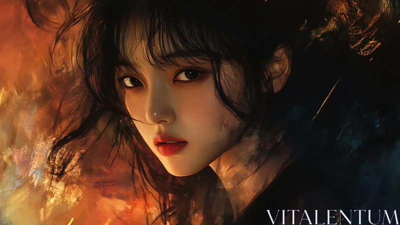 Luminous portrait in volatile chromatic firelight contrast.