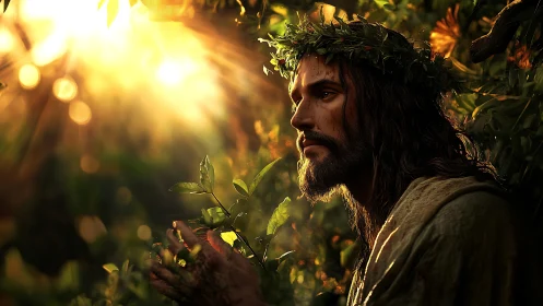 Sunlit male figure with leaf crown sits among dense foliage