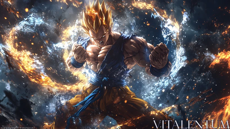 Explosive anime warrior unleashing a fiery cosmic power surge.