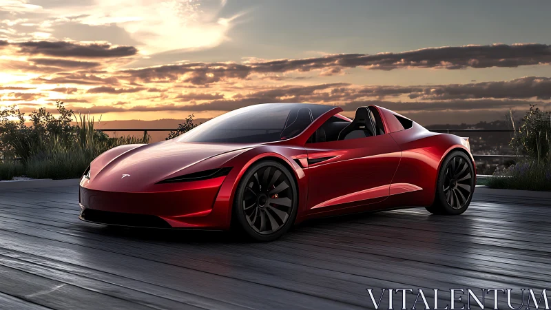 Red electric supercar glows at sunset on sleek rooftop deck