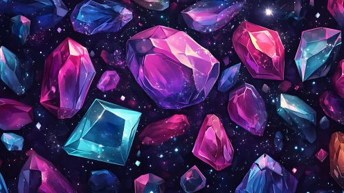 Nebula-lit crystal field with faceted magenta and cyan gems.