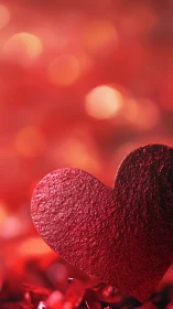 Red glitter heart with bokeh background and rose petals