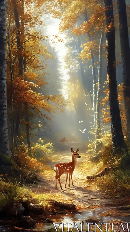 Gentle fawn pausing on a sunlit autumn forest path.