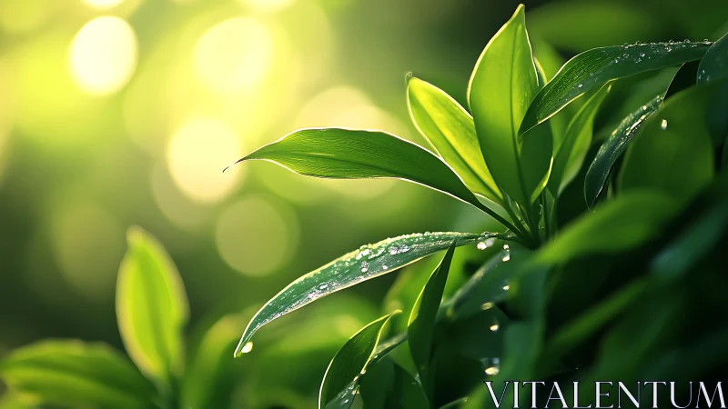 Morning dew crowns tender green leaves in sunlit hush.