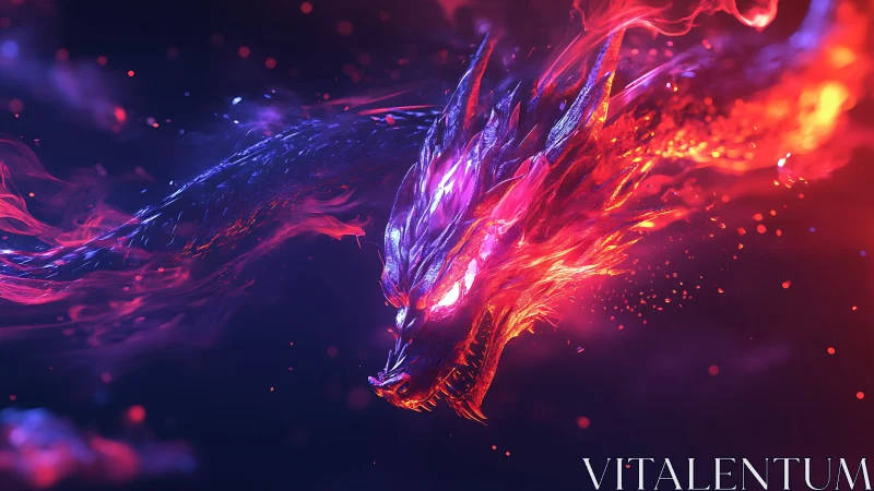 Volumetric neon dragon head rendered in high-energy particle flames