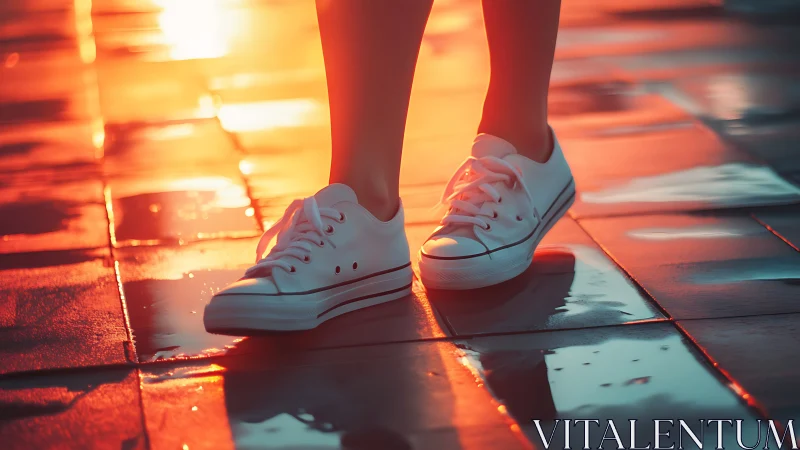 White sneakers illuminated by vivid sunset reflections on tiles