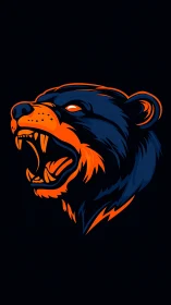 Roaring bear profile in neon orange and deep blue vector.