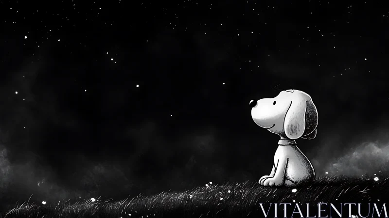 Cartoon puppy gazing at a starry night sky in grayscale.