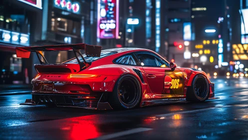 Red Porsche GT race car dominates neon wet city street