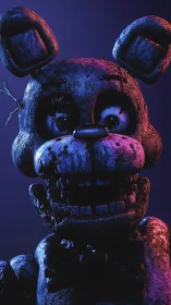 Worn-out robot bunny glows in moody neon stage lights.