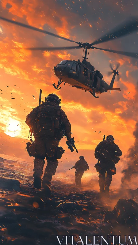 Soldiers walk toward departing helicopter under burning sky