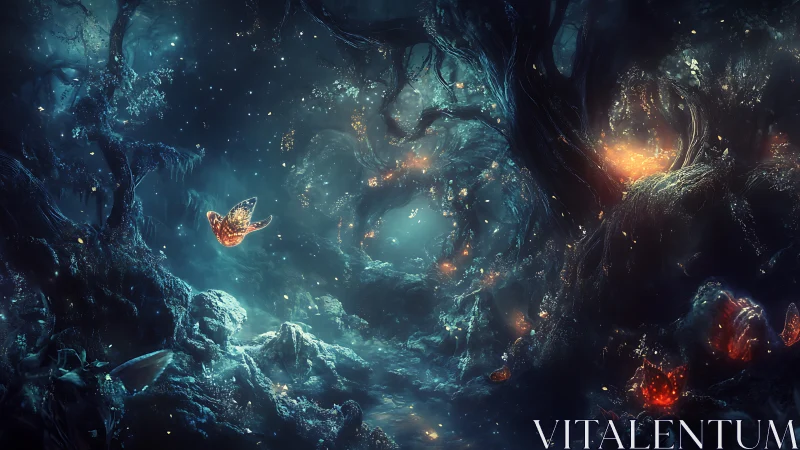 Firefly monarch drifts through a bioluminescent dreamwood