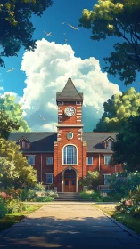 Digital painting of sunlit brick clocktower academy facade.