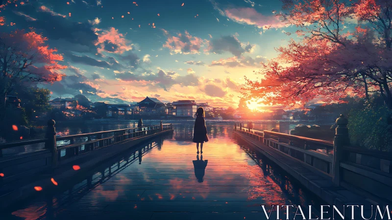 Digital painting of girl on reflective riverside bridge at sunset.