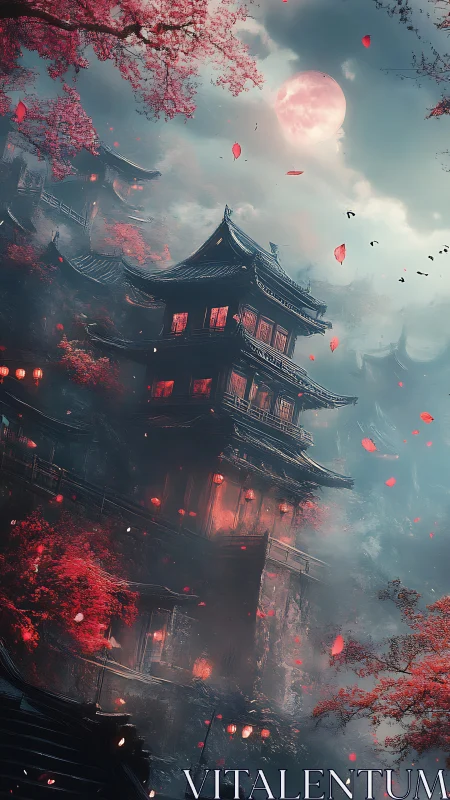 Moonlit pagoda drifting through crimson blossom mist.