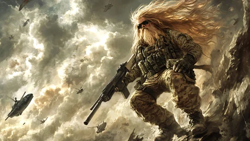 Long-haired armored soldier holds rifle amid airborne craft