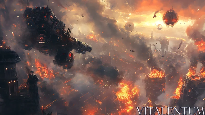 Orbital dreadnought over burning megacity under siege at dusk