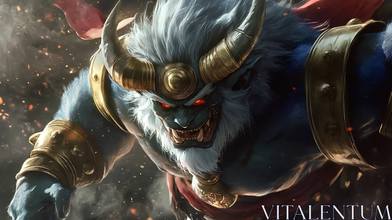 Horned blue demon warrior lunges forward in fiery battle scene.