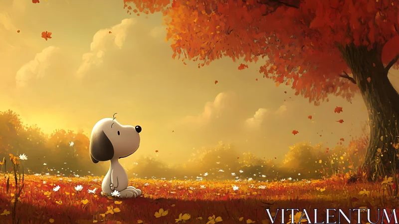 Gentle dog enjoys a golden autumn afternoon under warm skies