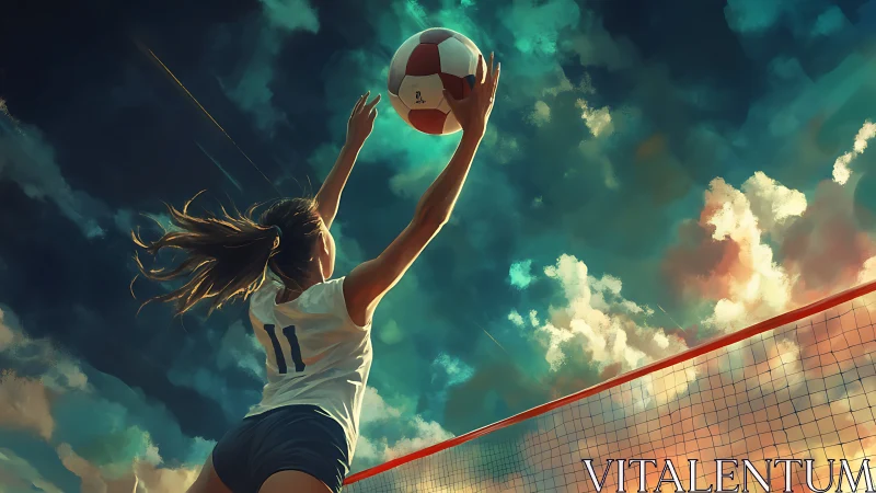 Volleyball player leaps skyward beneath glowing stormy clouds.